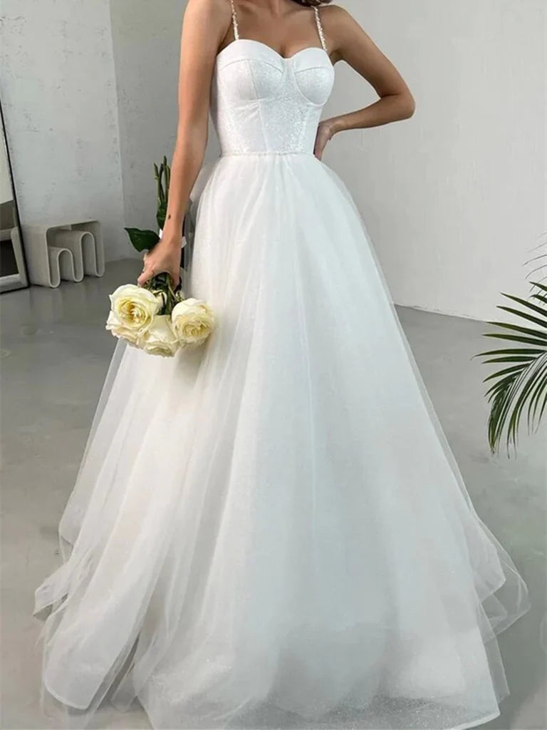 Sweetheart Neck Shiny Tulle White Long Prom Dresses Formal Evening Dresses Wedding Dresses