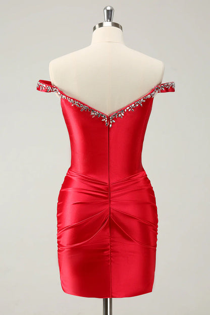 Glitter Beaded Off the Shoulder Satin Tight Homecoming Dress