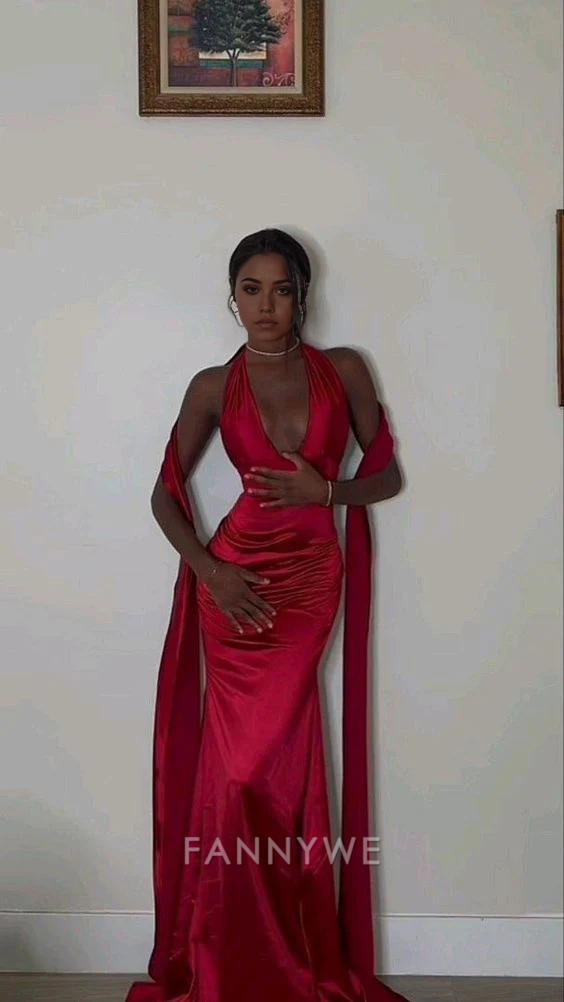 Mermaid sexy elegant V neck long satin Red formal dresses Bridesmaid Dresses evening gown Prom Dress