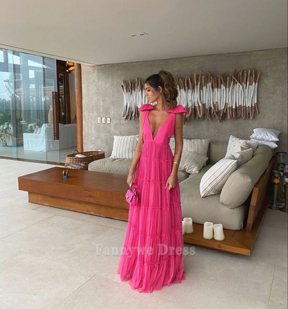 A-Linie V-Ausschnitt Rückenfrei Rosa Abendkleider Brautjungfernkleider Abendkleid Ballkleid