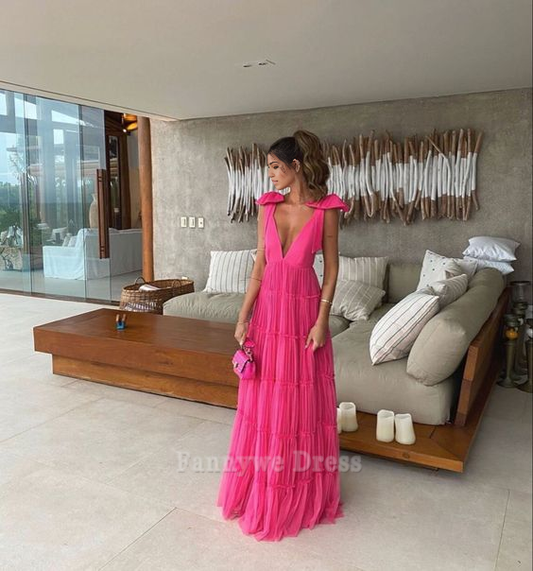 A-Linie V-Ausschnitt Rückenfrei Rosa Abendkleider Brautjungfernkleider Abendkleid Ballkleid