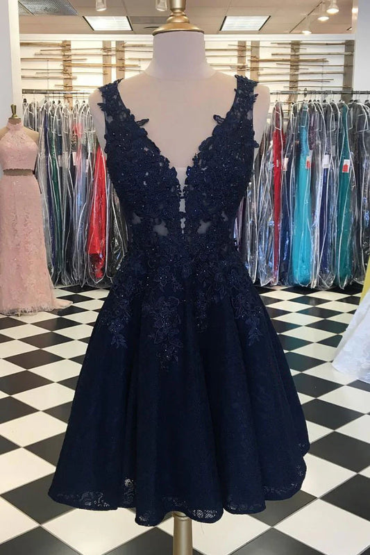V neck lace tulle short prom dress