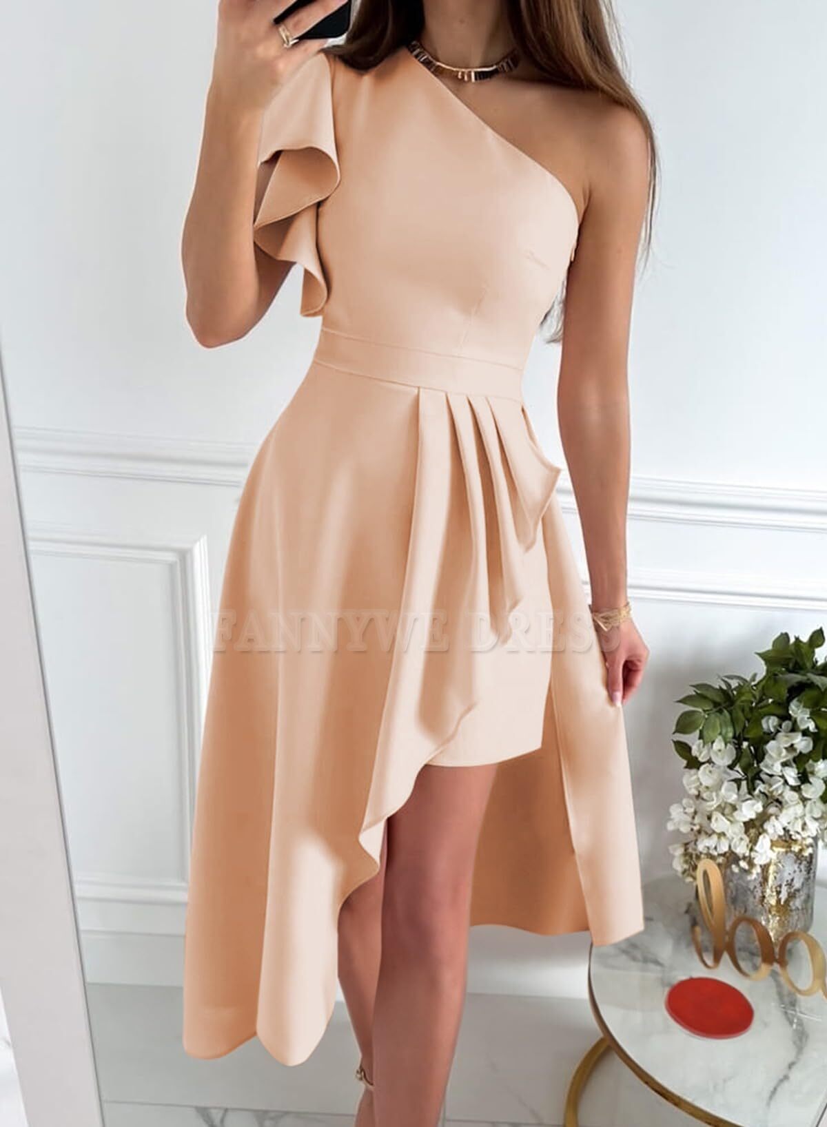 A-line One Shoulder Sleeveless Ruffle Asymmetrical High-Low formal dresses Bridesmaid Dresses evening gown Prom Dress