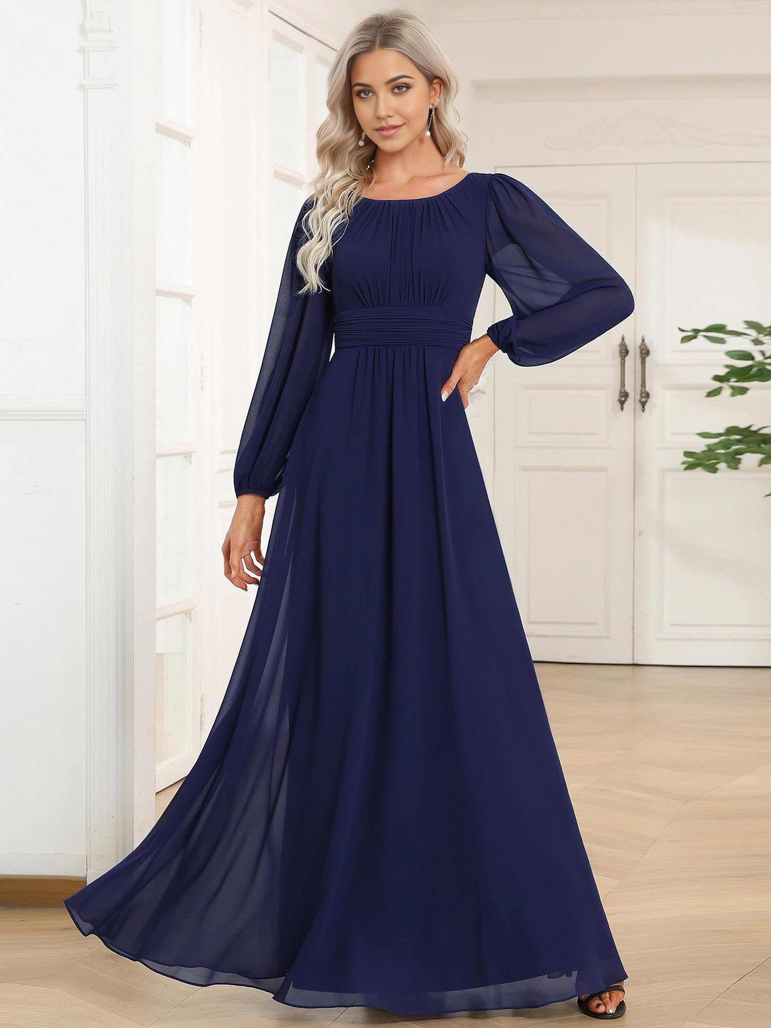 A-Line Crewneck Sleeves Pleated Chiffon formal dresses Bridesmaid Dresses evening gown Prom Dress