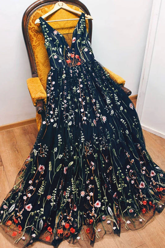 V neck tulle lace long prom dress