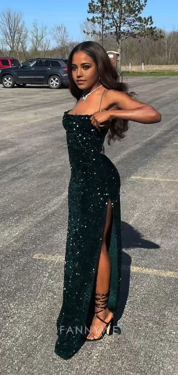 Mermaid shiny elegant sequins Dark green long slit sexy formal dresses Bridesmaid Dresses evening gown Prom Dress