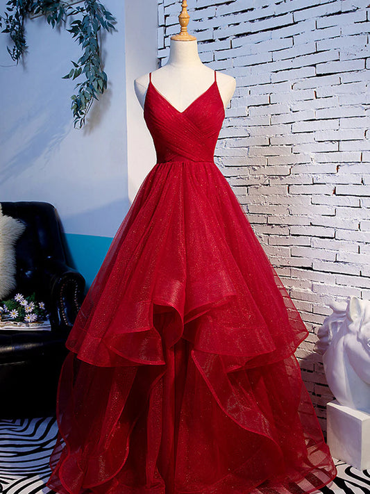 A line Ruffles Spaghetti Straps V Neck Prom Dresses Backless Long Evening Dresses
