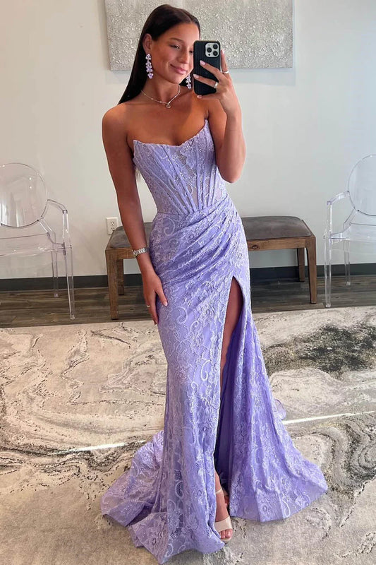 Vestido de fiesta de sirena sin tirantes, con encaje fruncido y abertura