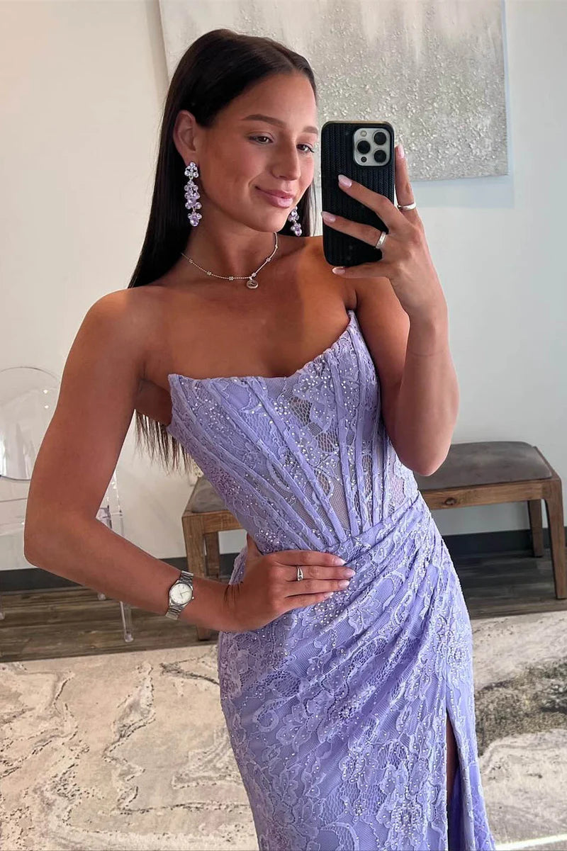 Vestido de fiesta de sirena sin tirantes, con encaje fruncido y abertura