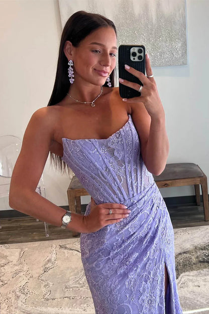 Vestido de fiesta de sirena sin tirantes, con encaje fruncido y abertura