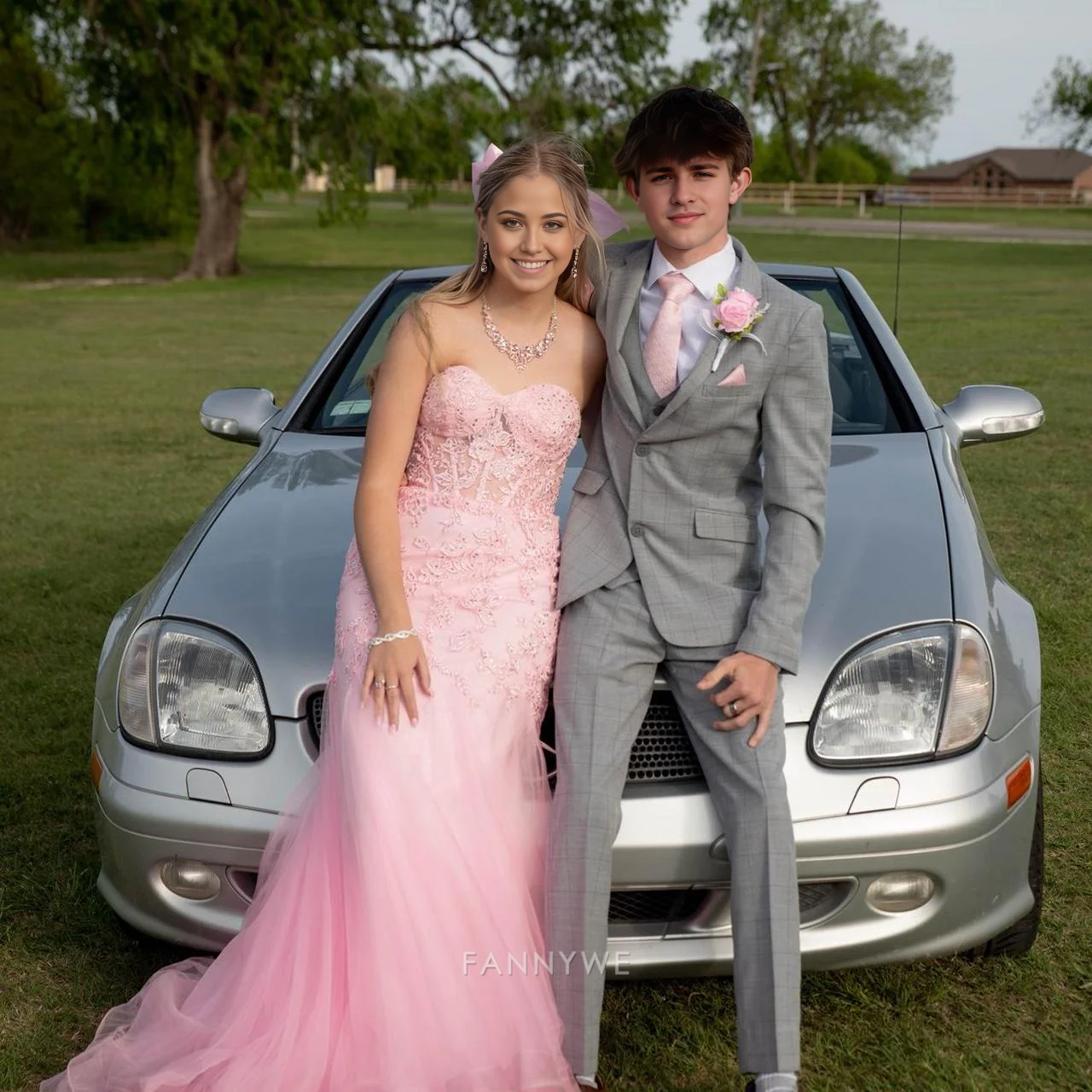 Mermaid strapless exquisite applique Pink long tulle formal dresses Bridesmaid Dresses evening gown Prom Dress