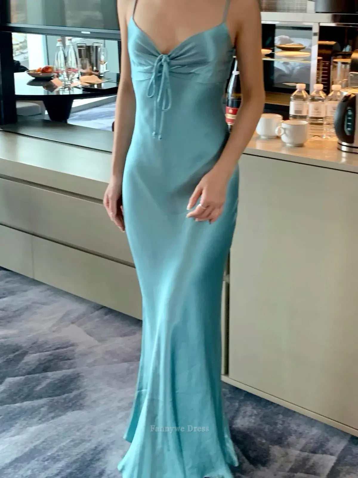 Mermaid Spaghetti Straps Satin Blue Long formal dresses Bridesmaid Dresses evening gown Prom Dress