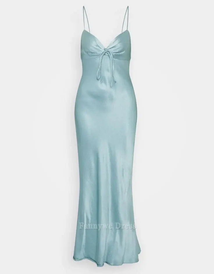 Mermaid Spaghetti Straps Satin Blue Long formal dresses Bridesmaid Dresses evening gown Prom Dress