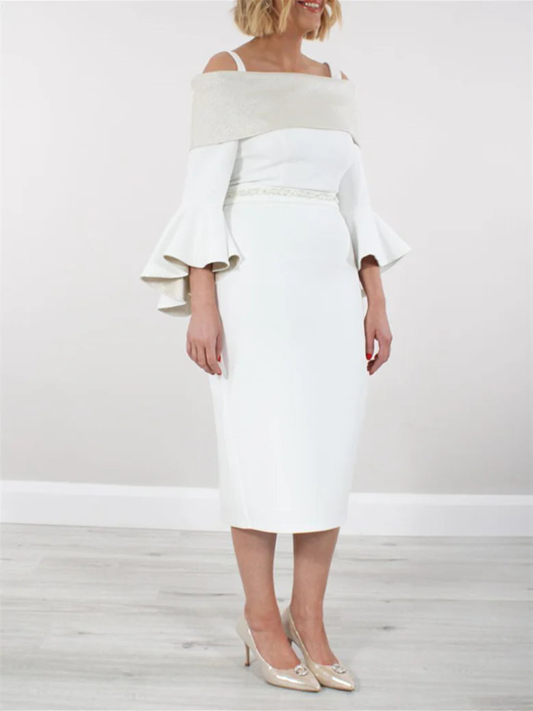 Sheath 3/4 Length Sleeves Off The-Shoulder Tea Length Mother Of The Bride Dresses