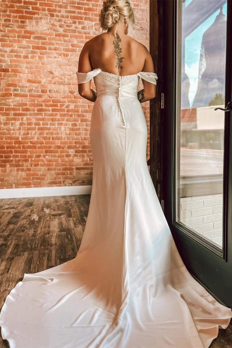 Mermaid Off-the-Shoulder Pearls Long Wedding Dress