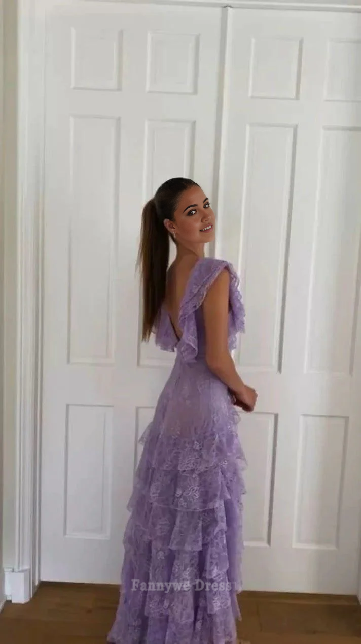 A-line Backless Tiered Lace Lilac formal dresses Bridesmaid Dresses evening gown Prom Dress