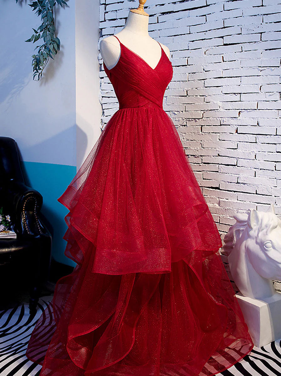 A line Ruffles Spaghetti Straps V Neck Prom Dresses Backless Long Evening Dresses