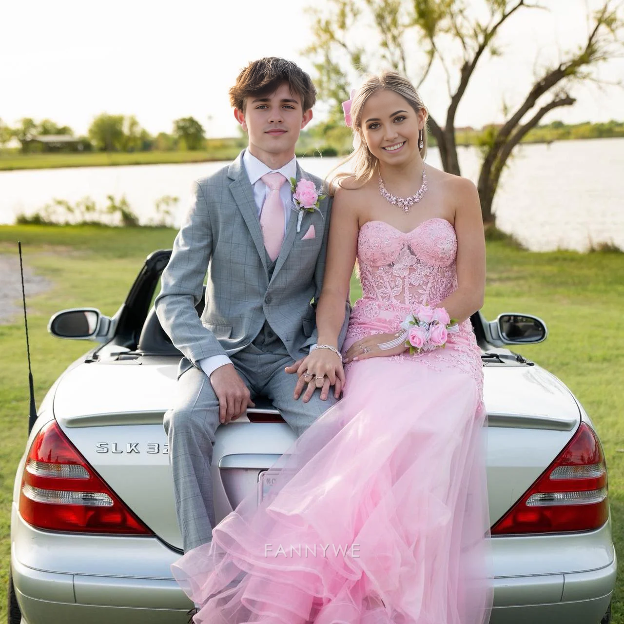 Mermaid strapless exquisite applique Pink long tulle formal dresses Bridesmaid Dresses evening gown Prom Dress