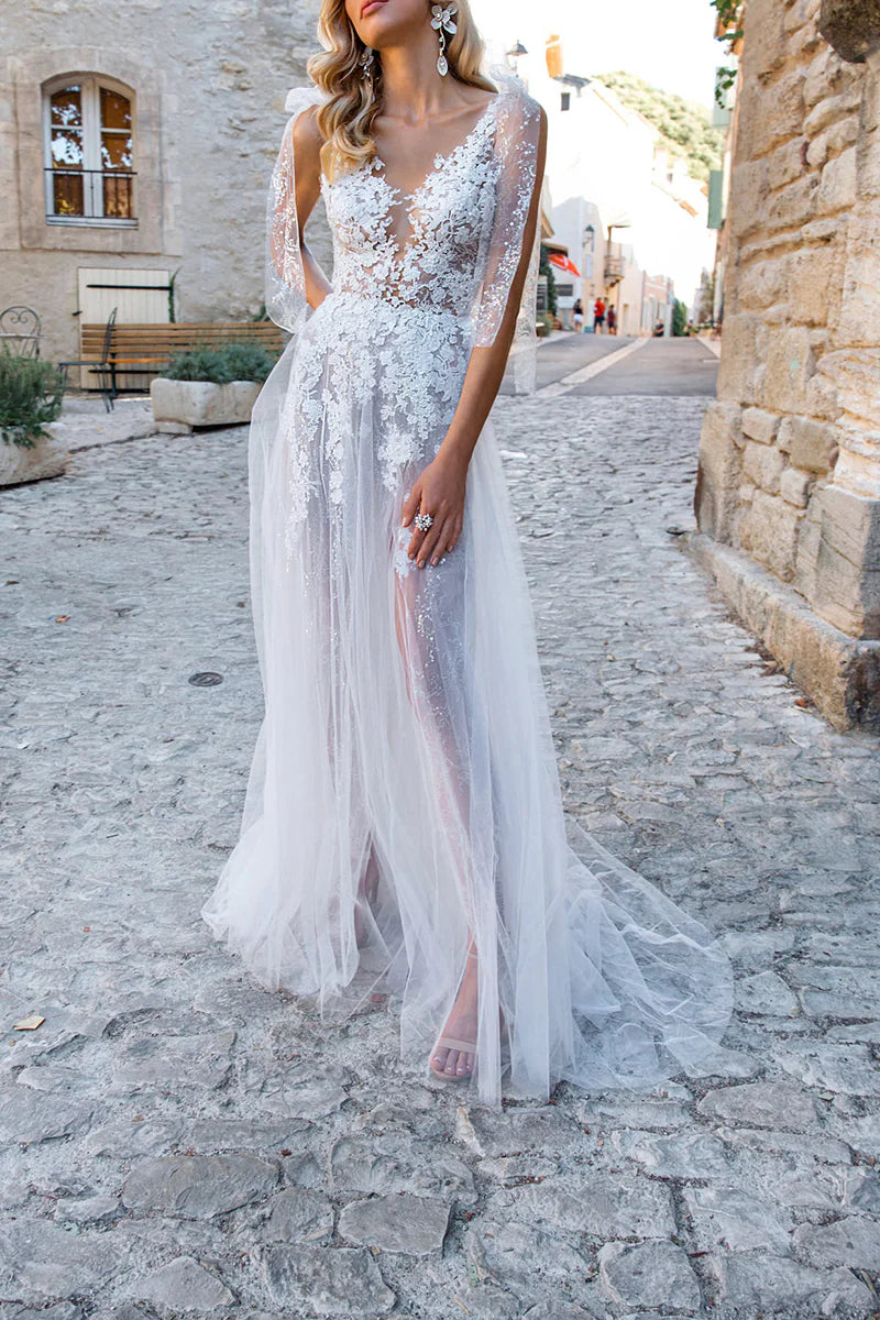 A Line V neck Lace Appliques Boho Wedding Dress With Slit