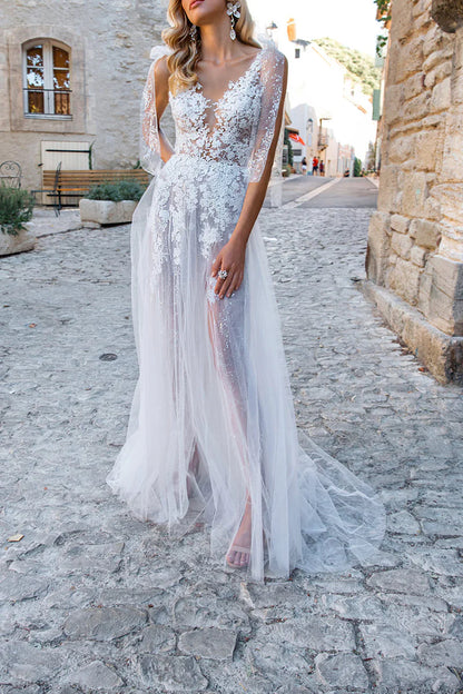 A Line V neck Lace Appliques Boho Wedding Dress With Slit