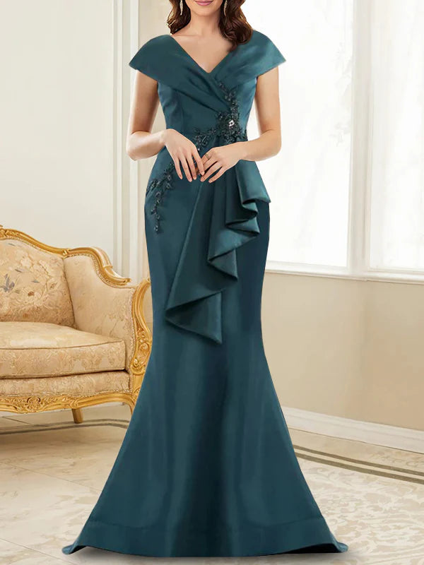 Vestidos de madre de la novia con escote en V y mangas cortas y corte sirena