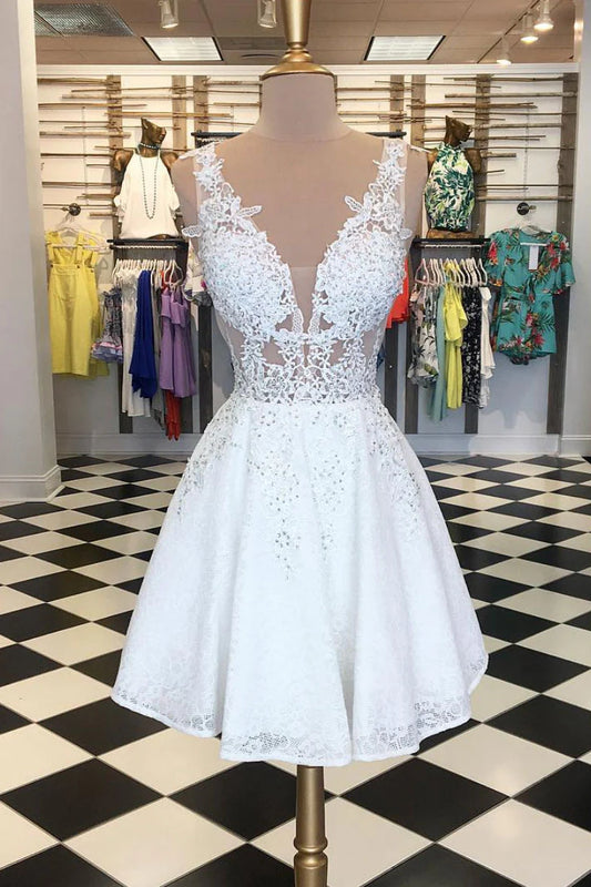 V neck lace short prom dress