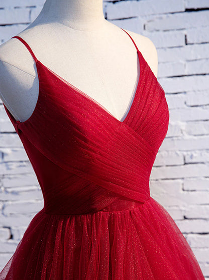 A line Ruffles Spaghetti Straps V Neck Prom Dresses Backless Long Evening Dresses