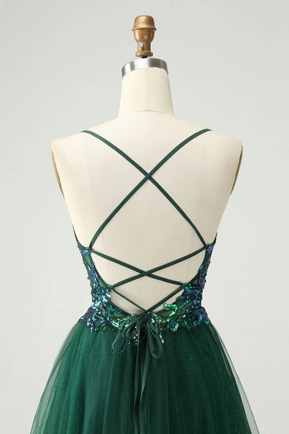 A-Line Glitter Sequined Appliques V Neck Homecoming Dress