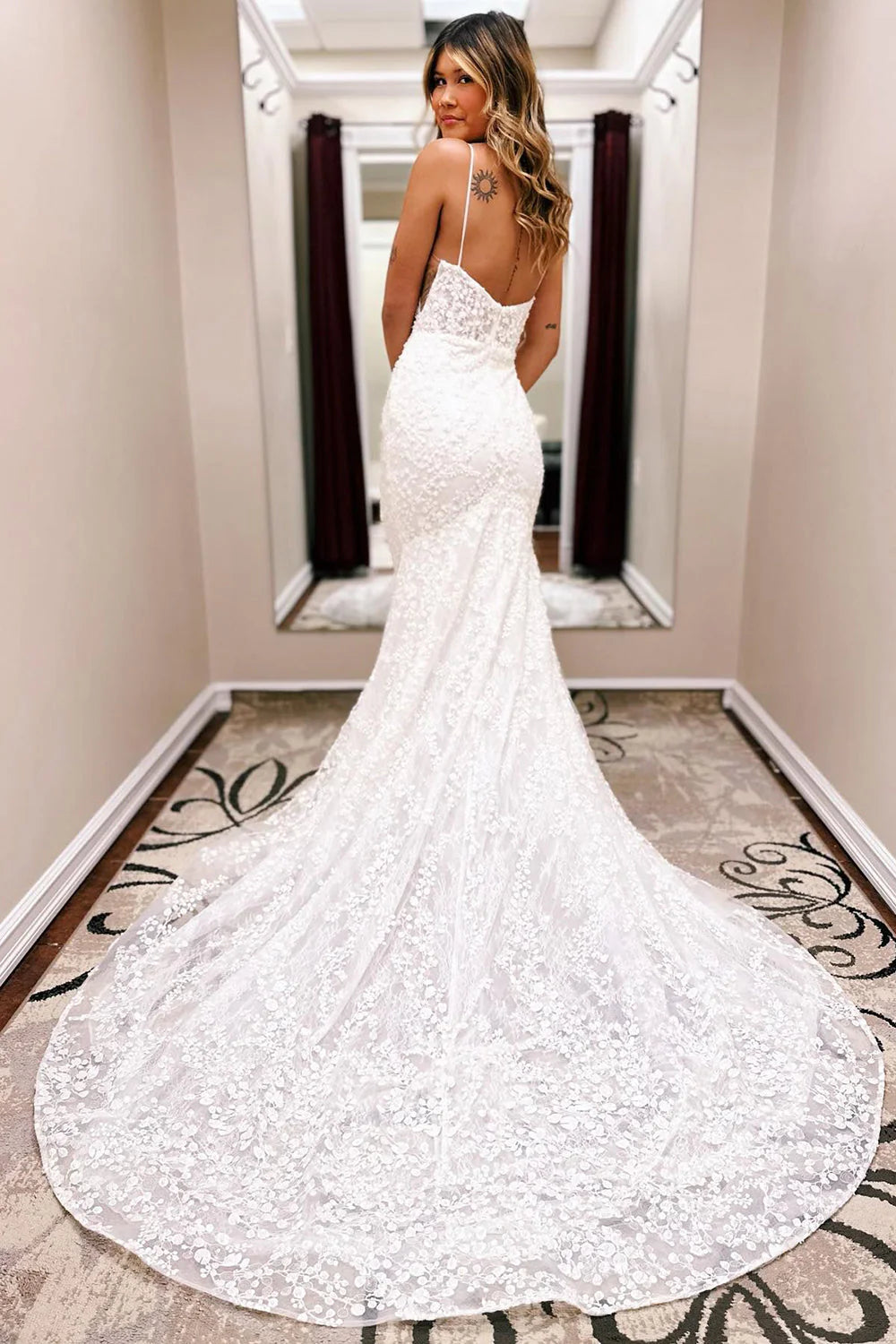 Mermaid Spaghetti Straps Lace Train Wedding Dress