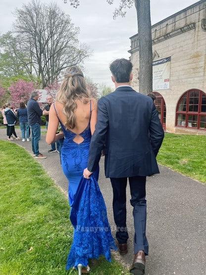 Meerjungfrau Spaghettiträger Satin Königsblau Lange Abendkleider Brautjungfernkleider Abendkleid Ballkleid 