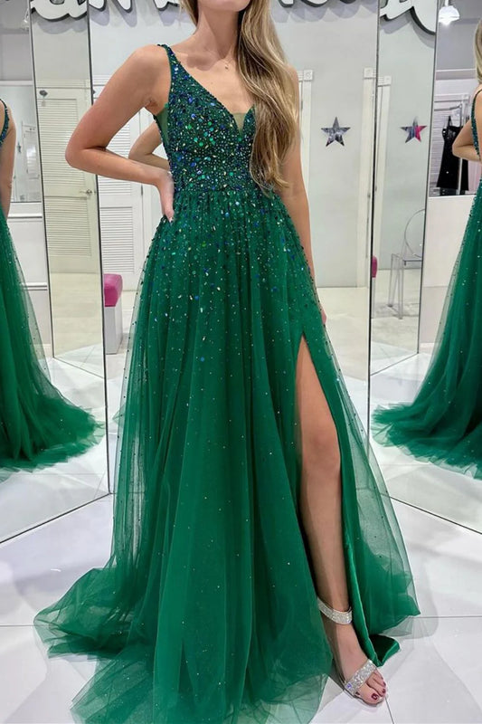 A Line V Neck Long Prom Dress with Beading
