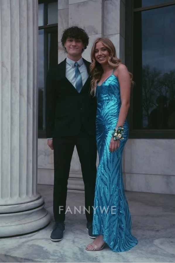 Mermaid Sequins Straps Blue Long formal dresses Bridesmaid Dresses evening gown Prom Dress