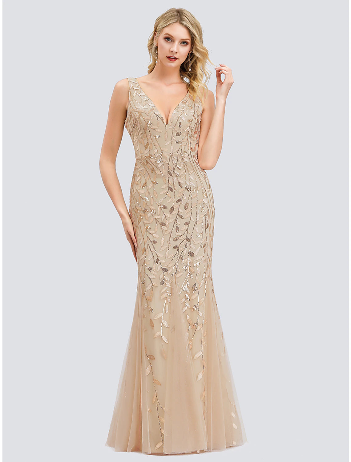 Mermaid / Trumpet Sparkle Sexy Prom Formal Evening Dress V Neck V Back Sleeveless Floor Length Tulle with Sequin Appliques