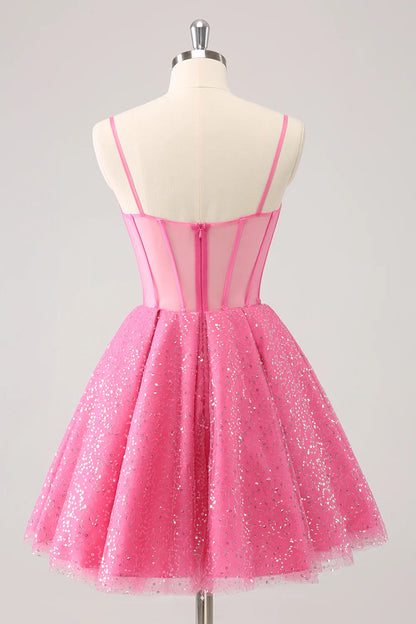 A-Line Spaghetti Straps Corset Cocktail Dress with Sequins