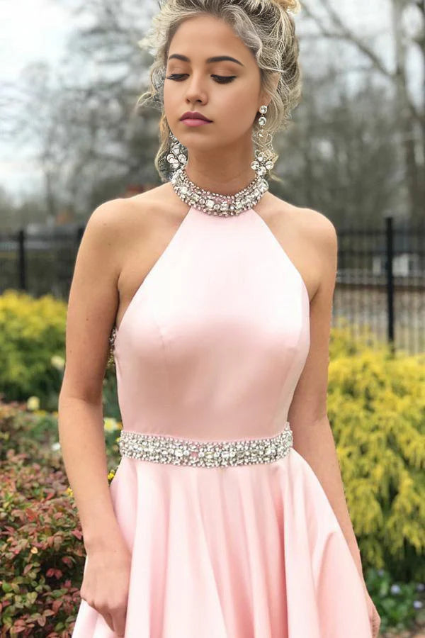 A-Line Open Back Sleeveless Pink Satin Prom Dress with Beading