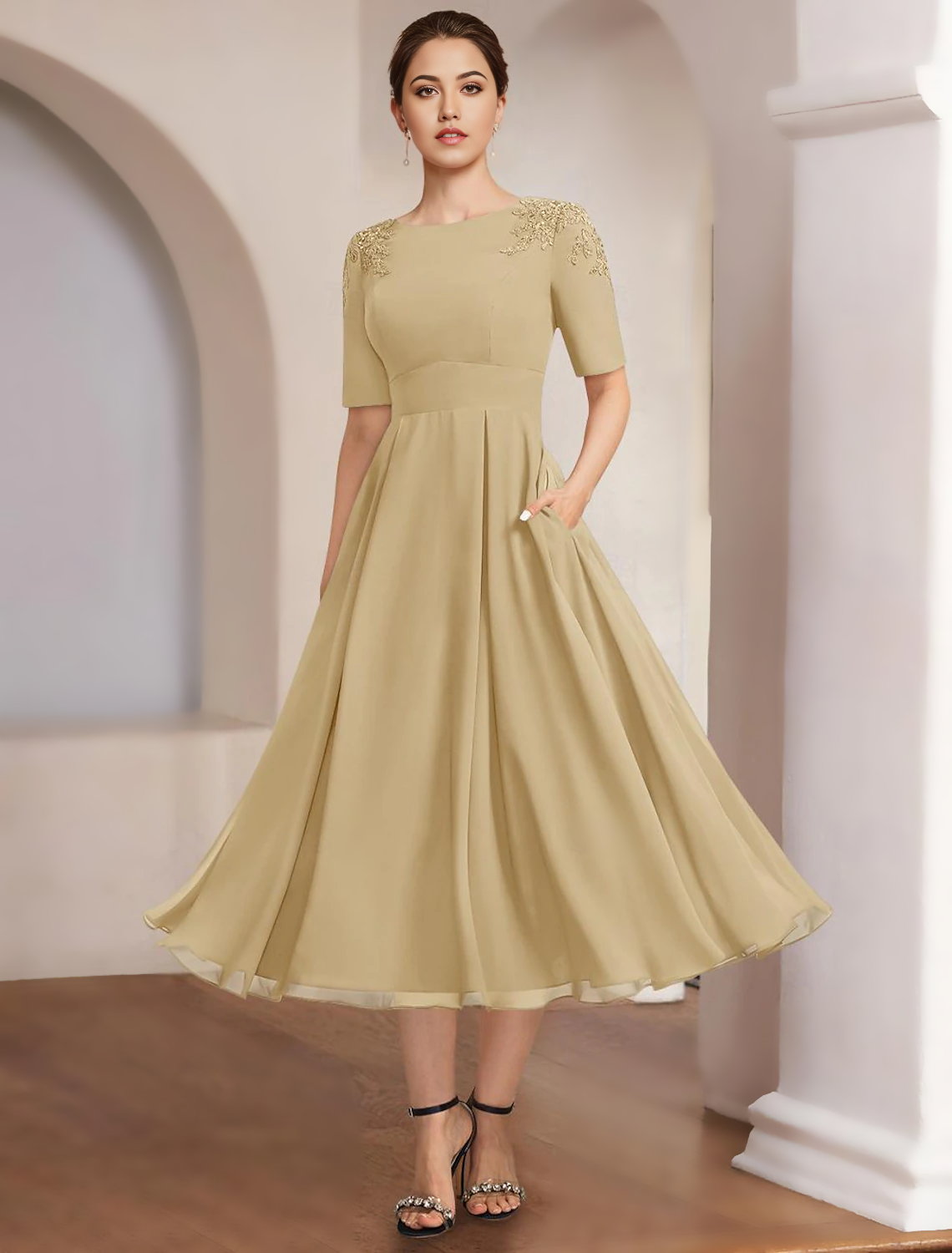 A-Line Mother of the Bride Dress Formal Elegant Bateau Neck Tea Length Chiffon Half Sleeve with Lace free custom size