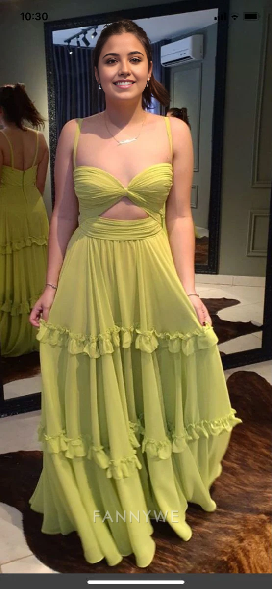 A-Line Spaghetti Straps Ruffles Green Long formal dresses Bridesmaid Dresses evening gown Prom Dress