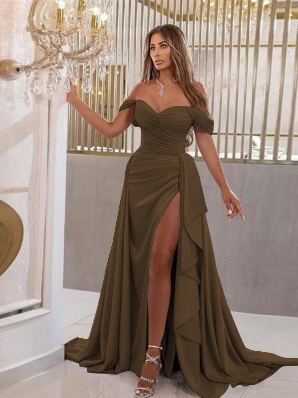 Sheath/Column Jersey Ruched Off-the-Shoulder Sleeveless Sweep/Brush Train Dresses
