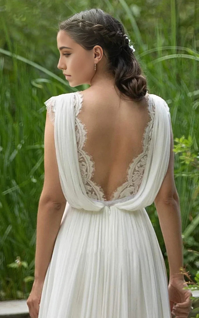 Vestido de novia de encaje de gasa con escote en A, espalda abierta y pliegues