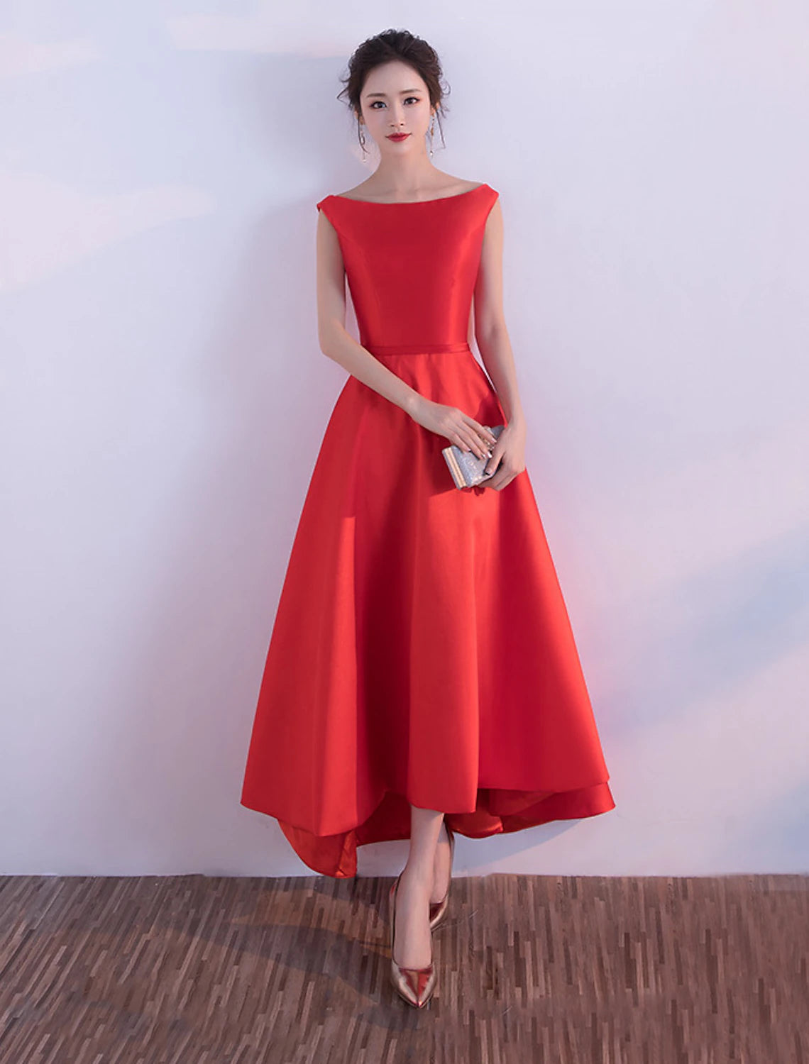 Vestido de noche de corte A, elegante vestido minimalista, para fiesta, para invitados de boda, asimétrico, sin mangas, con cuello joya de satén y elegante