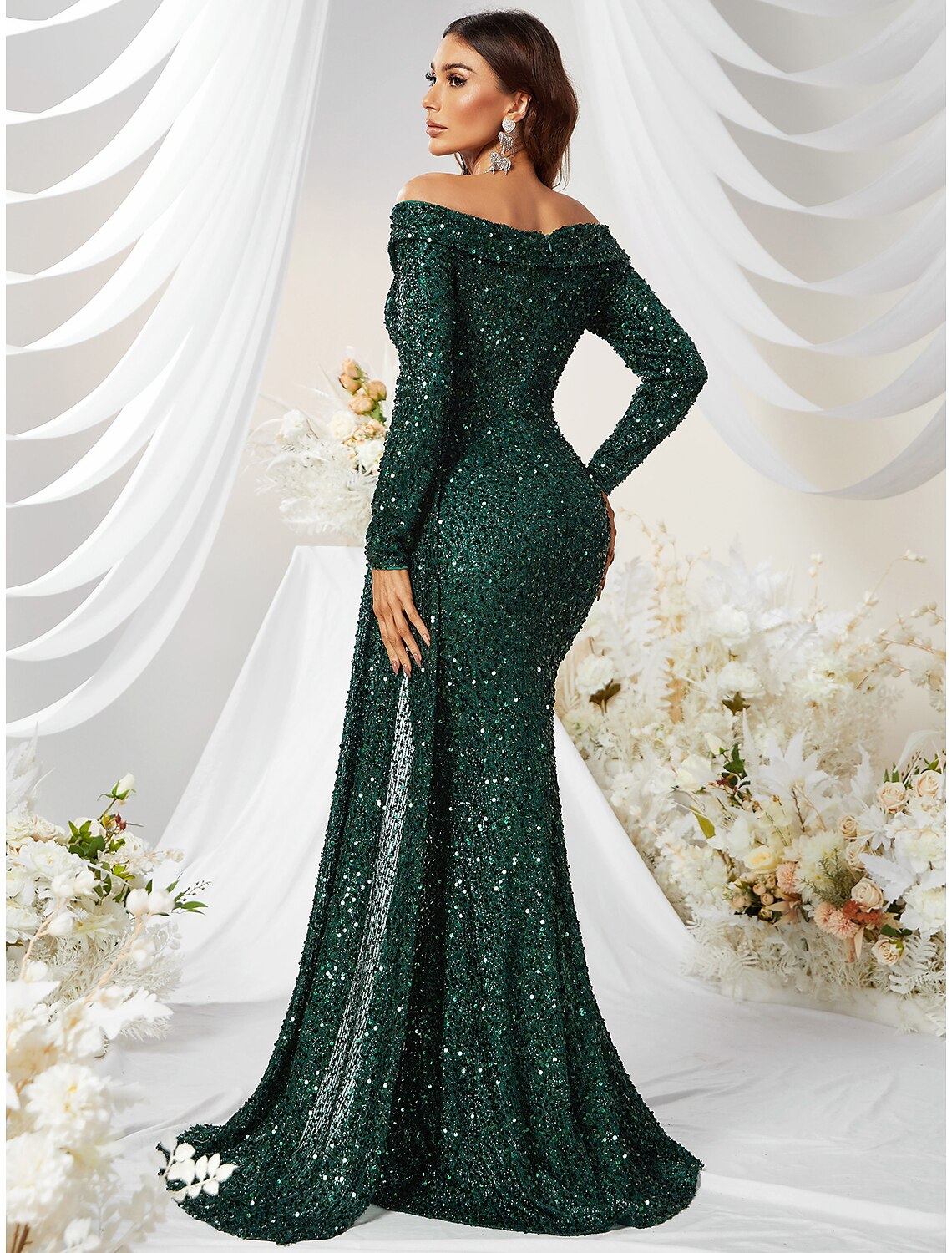 Mermaid / Trumpet Evening Gown Sparkle & Shine Dress Formal Sweep / Brush Train Long Sleeve Off Shoulder Polyester with Sequin