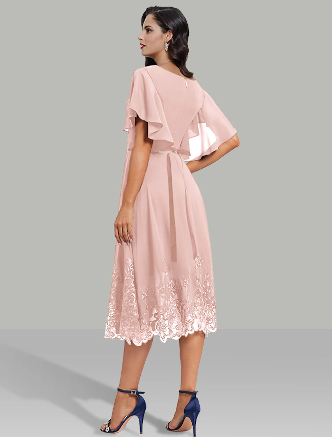 Vestido elegante de corte A para invitada de boda, para cóctel, fiesta, largo hasta la rodilla, manga corta, escote en V, cinturón/faja de gasa con bordado de purpurina y diamantes de imitación.