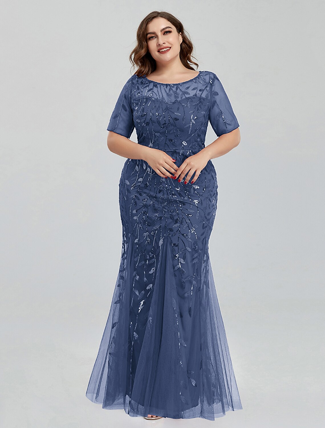 Vestido de noche estilo sirena/trompeta, estilo imperio, para regreso a casa, largo hasta el suelo, manga corta, cuello joya, tul con bordado