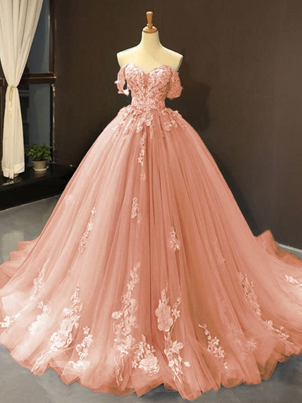 Ball Gown Tulle Off-the-Shoulder Sleeveless Applique Sweep/Brush Train Dresses
