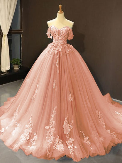 Ball Gown Tulle Off-the-Shoulder Sleeveless Applique Sweep/Brush Train Dresses