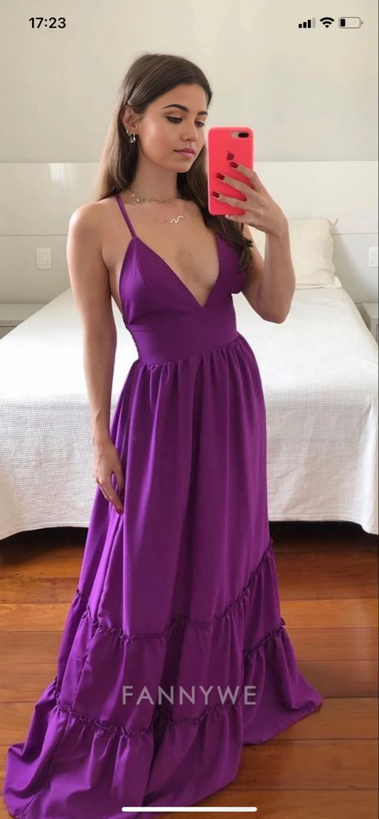 A-Linie Elegant V-Ausschnitt Lila Lange Abendkleider Brautjungfernkleider Abendkleid Ballkleid 