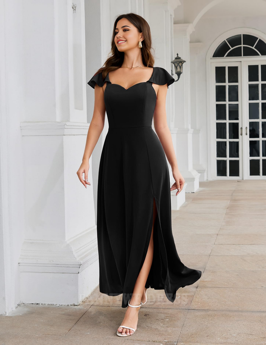 A-Linie Herzausschnitt V-Ausschnitt Rüschenärmel Abendkleider Abendkleid Ballkleid mit Seitenschlitz 