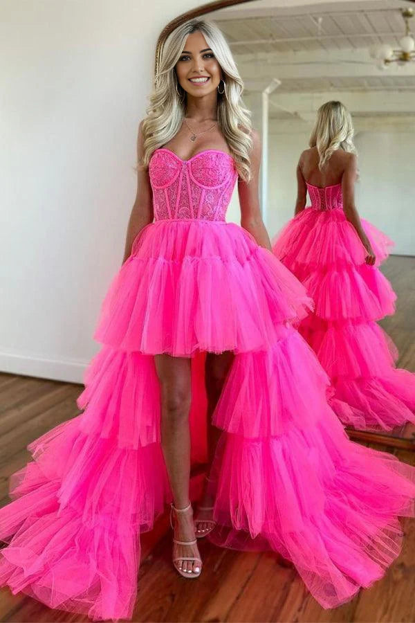 Vestido de noche de fiesta con escote corazón, color rosa intenso, de capas altas y bajas