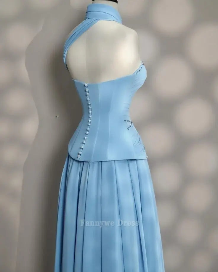 A-Line Elegant Strapless Blue Long formal dresses Bridesmaid Dresses evening gown Prom Dress