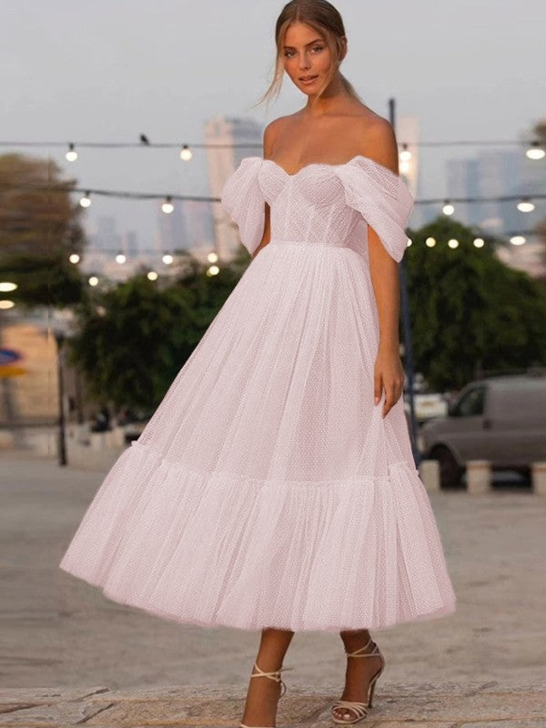 A-Line/Princess Tulle Ruffles Off-the-Shoulder Sleeveless Tea-Length Homecoming Dresses